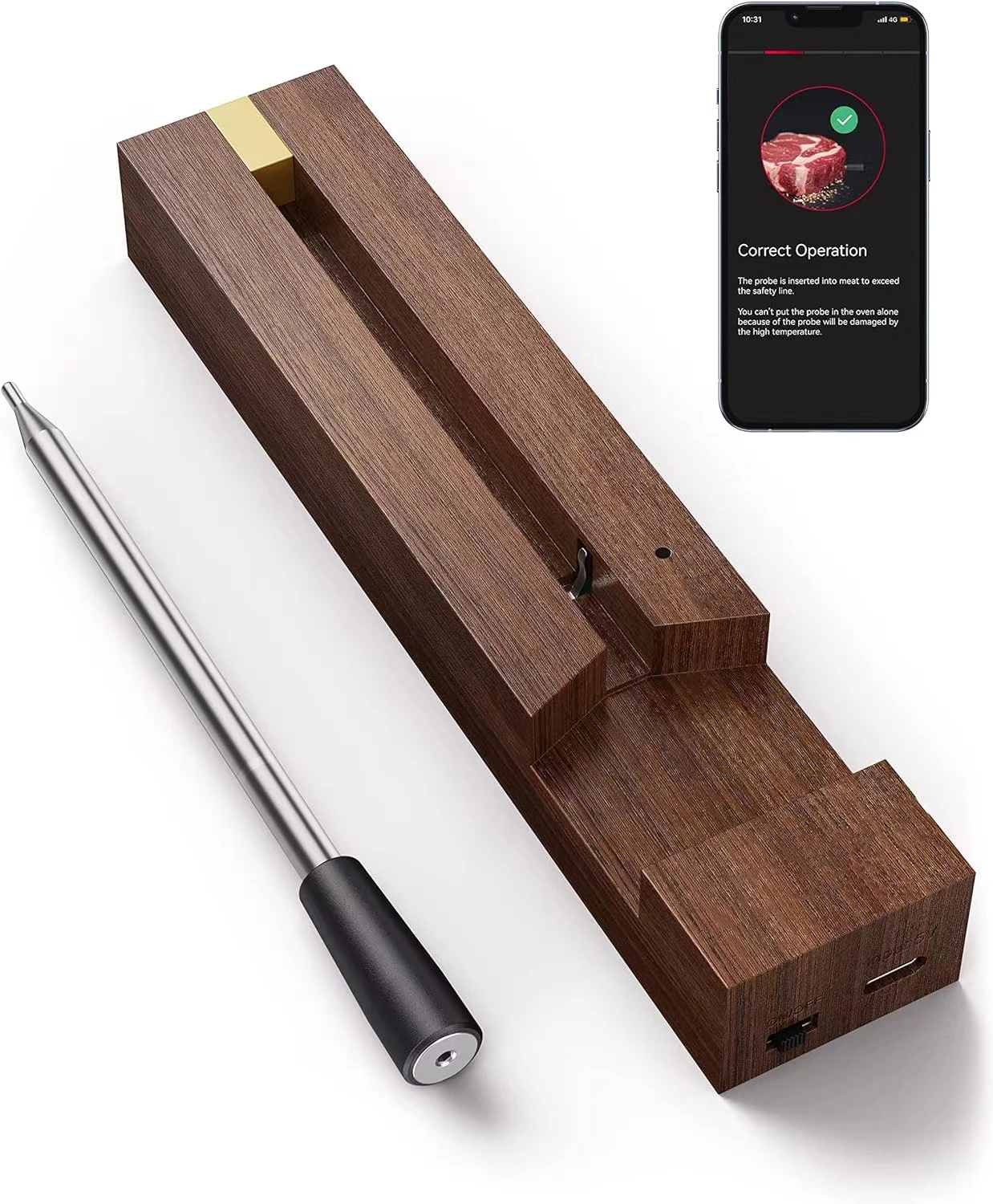 

Kitchen Food Walnut Repeater Wireless Smart Meat Thermometer for BBQ Oven, Grill, Smoker, Stove, Rotisserie