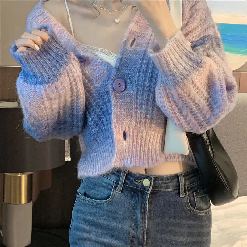 Cardigan for Women Outerwear Tie Dye Knitted Sweater Woman V Neck Jacket Korean Fashion Top with Long Sleeves Youth Vintage Chic