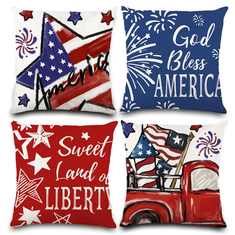 

4th of July Decorations Pillow Covers 45x45cm Set of 4 Star Strip Bless America Beige Buffalo Plaid Throw Pillow Covers
