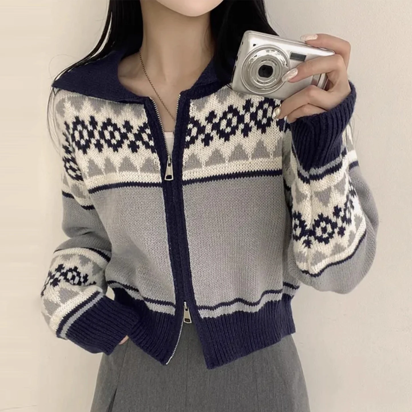 

Retro Doll Collar Color Blo Double Zipper Loose Knitted Sweater Coat Women's Winter New Sle Casual Faion Outerwear
