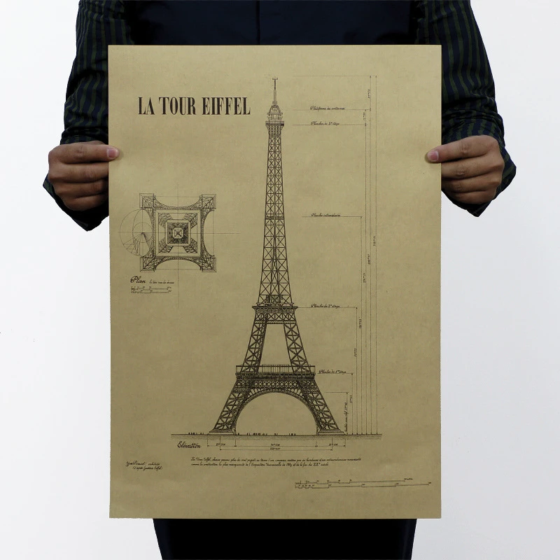 51x35cm Paris Tower Drawing Manuscript Vintage Poster Bar Cafe Room Decor Painting Retro Kraft Paper Wall Art Wall Stickers