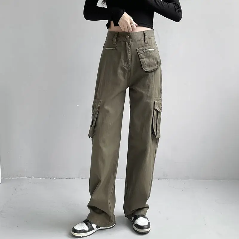 

Women's Clothing Spring Autumn Solid Color Elastic High Waist Pockets Zipper Casual Trousers Cargo Straight Commuter Pants