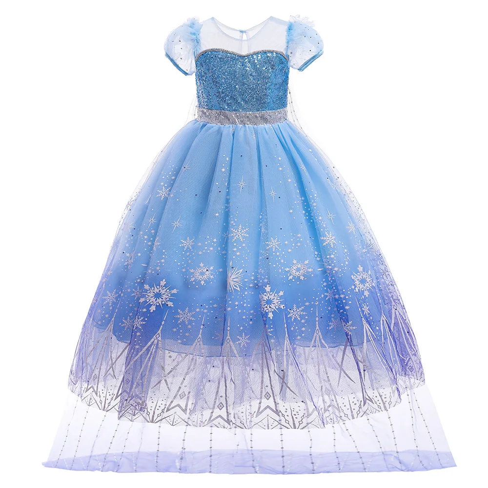 Elsa Costume For Girls Snow Queen Ball Gown Blue Sequined Mesh Carnival Party Birthday Princess Costumes 3-10Years