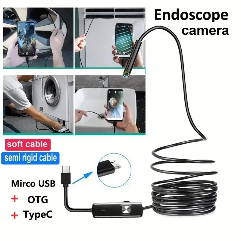 Micro USB Tipo C Borescope Mini Câmera, Endoscópio Android, LED à prova d\'água, Inspeção de carro, HUAWEI, Xiaomi
