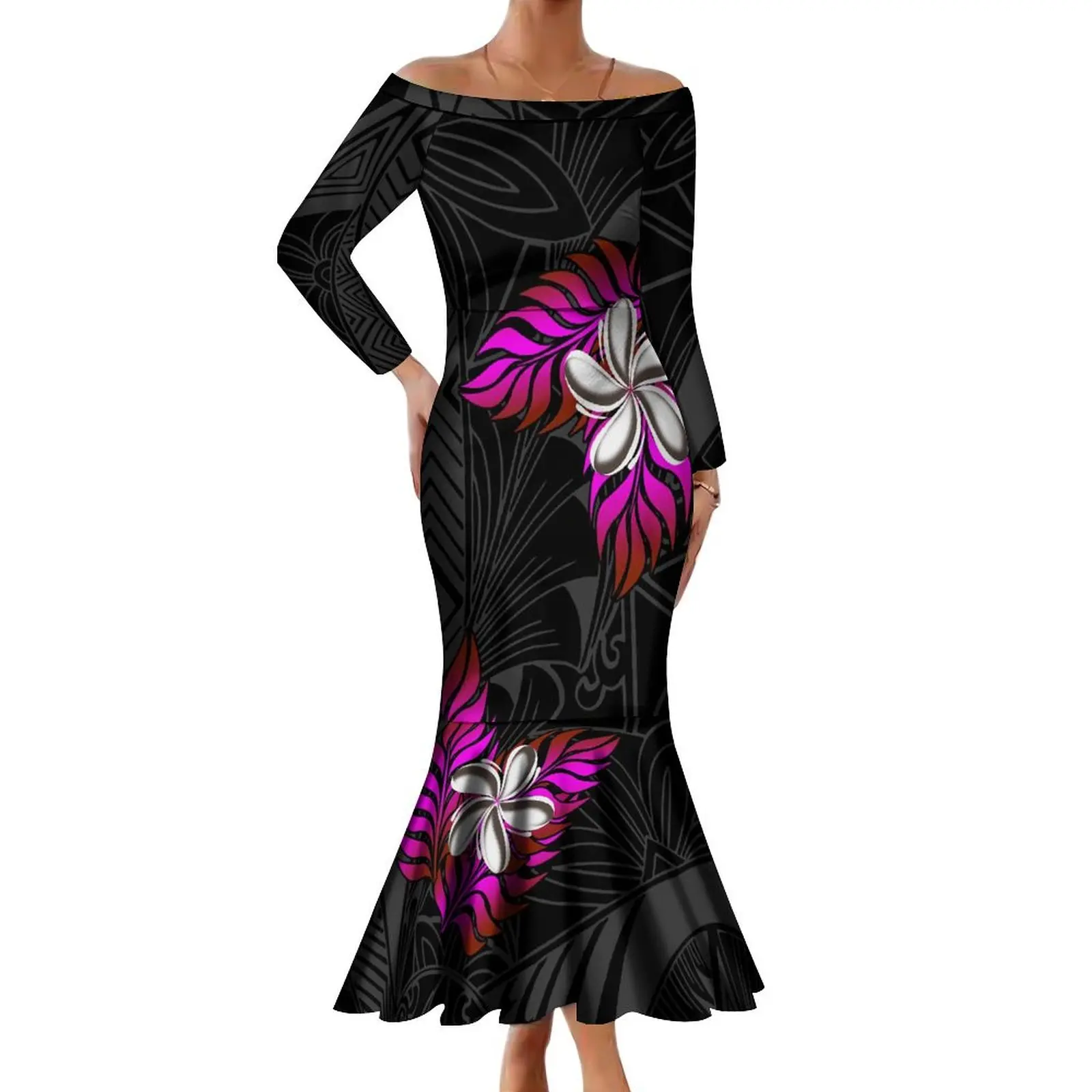 

Fashion Long-Sleeved One-Shoulder Mermaid Party Dress Custom Polynesian Bodycon Floor-Length Fishtail Dress