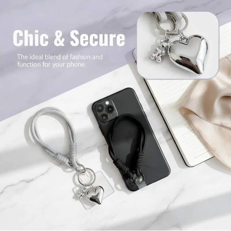 Silver Black 1Pc Heart-shaped Bear Charm Lovely Phone Wristband Hanger Pendant for Student Daily Gift〔88〕