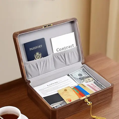 Låsbar förvaringslåda i massivt nordamerikanskt valnötsträ, lyxig arrangör för dokument, smycken, pass och värdesaker med nyckel 12 best sales valnötslåda - №8