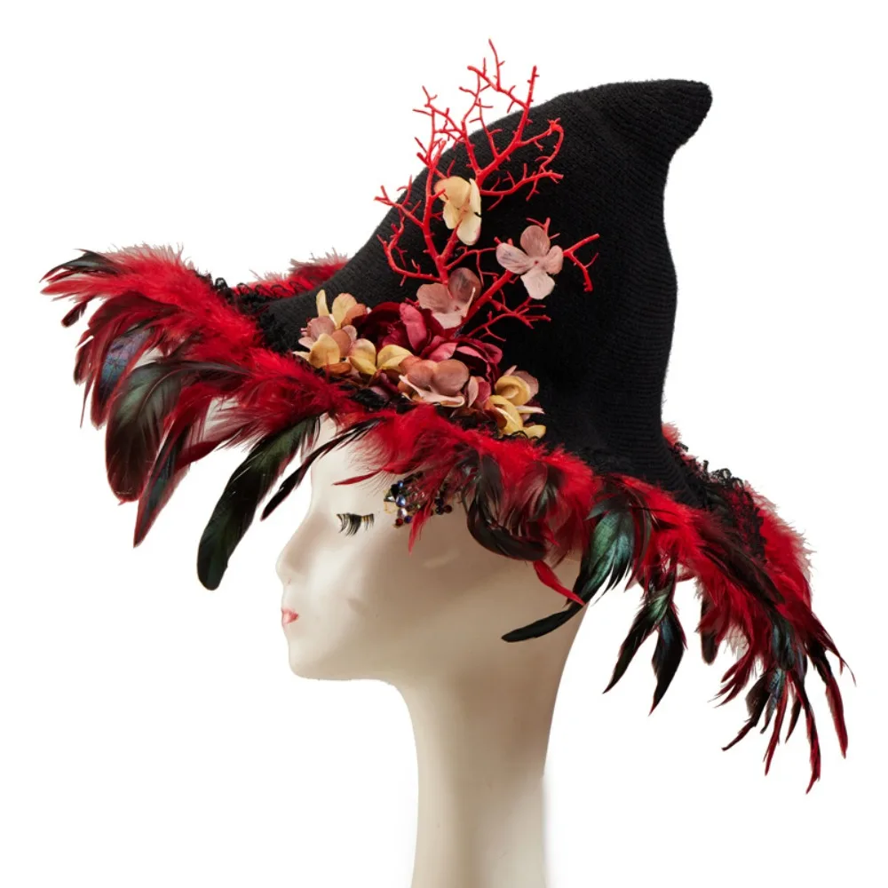 Halloween Witch Spiked Cornice Hat Goth Dark Feathers Flower Wizard Lolita Magic Hat Cosplay Accessory
