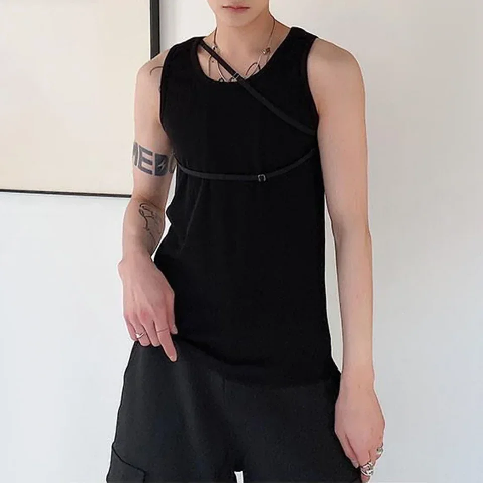 Mens Sexy Strap Design Vest  New Genderless Fashion Casual Streetwear Shaping Nightclub Versatile Solid Color Vest Unisex
