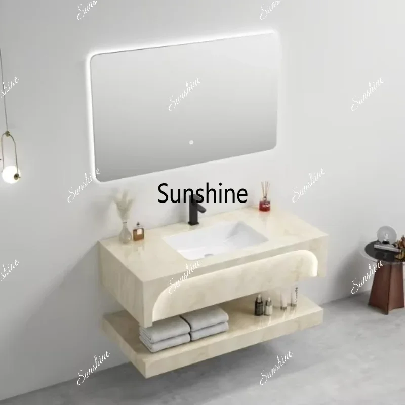 YYModern luxury rectangular sintered stone sink with polished oval basin dresser with wall-mounted bath mirror