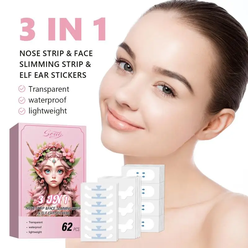 62pcs V Shape Face Lift Up Adhesive Tape Transparent Shaper Facelift Stickers Near Tapes Invisible Elf Stretchable Nose