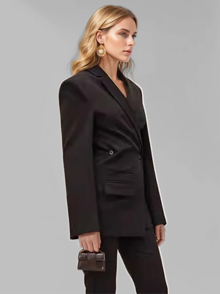 DEAT Fashion Women's Blazer Notched Collar Double Breasted Diagonal Placket Shoulder Pad Suit Jackets Spring 2025 New 7AB1680