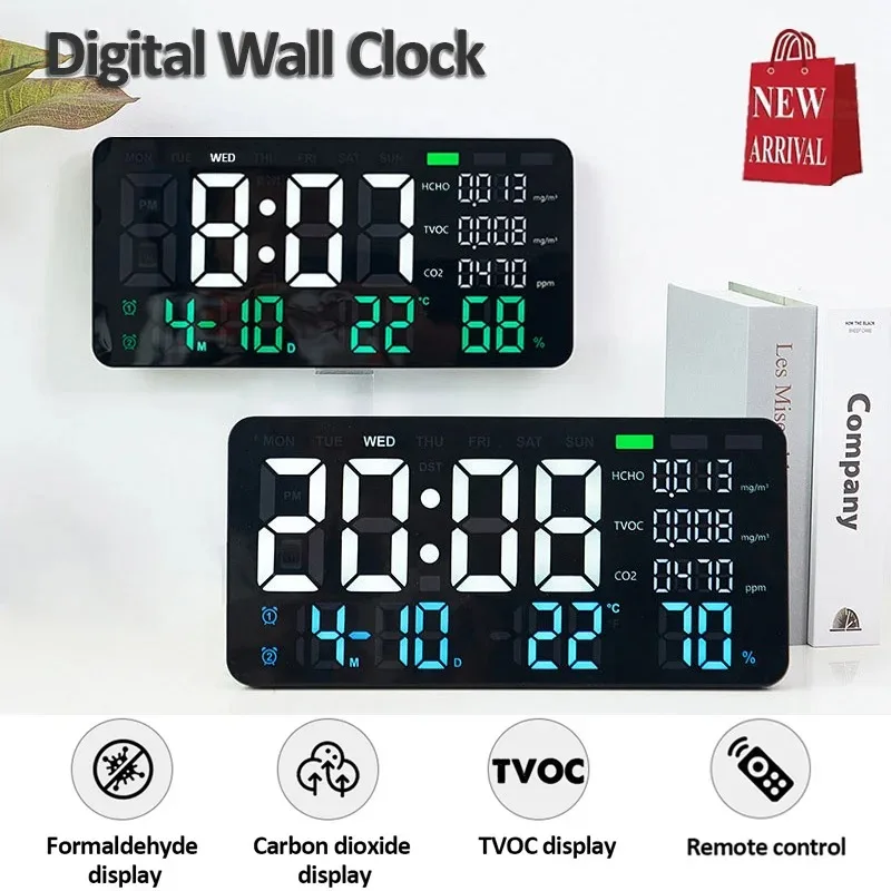 

LED Digital Wall Clock Formaldehyde Tester HCHO TVOC CO2 Test Clock Temperature Humidity Display Clock Bedroom Home Decoration