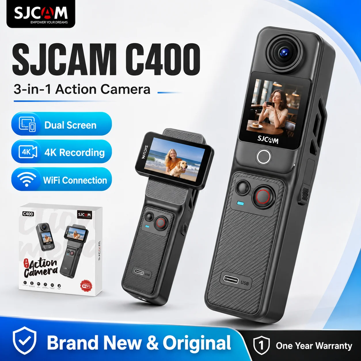 SJCAM C400 Pocket Action Camera 4K 16MP Dual Flip Touch Screen 6 Axis Gyro Stabilization 30M Waterproof Vlog Cam With Hand Grip