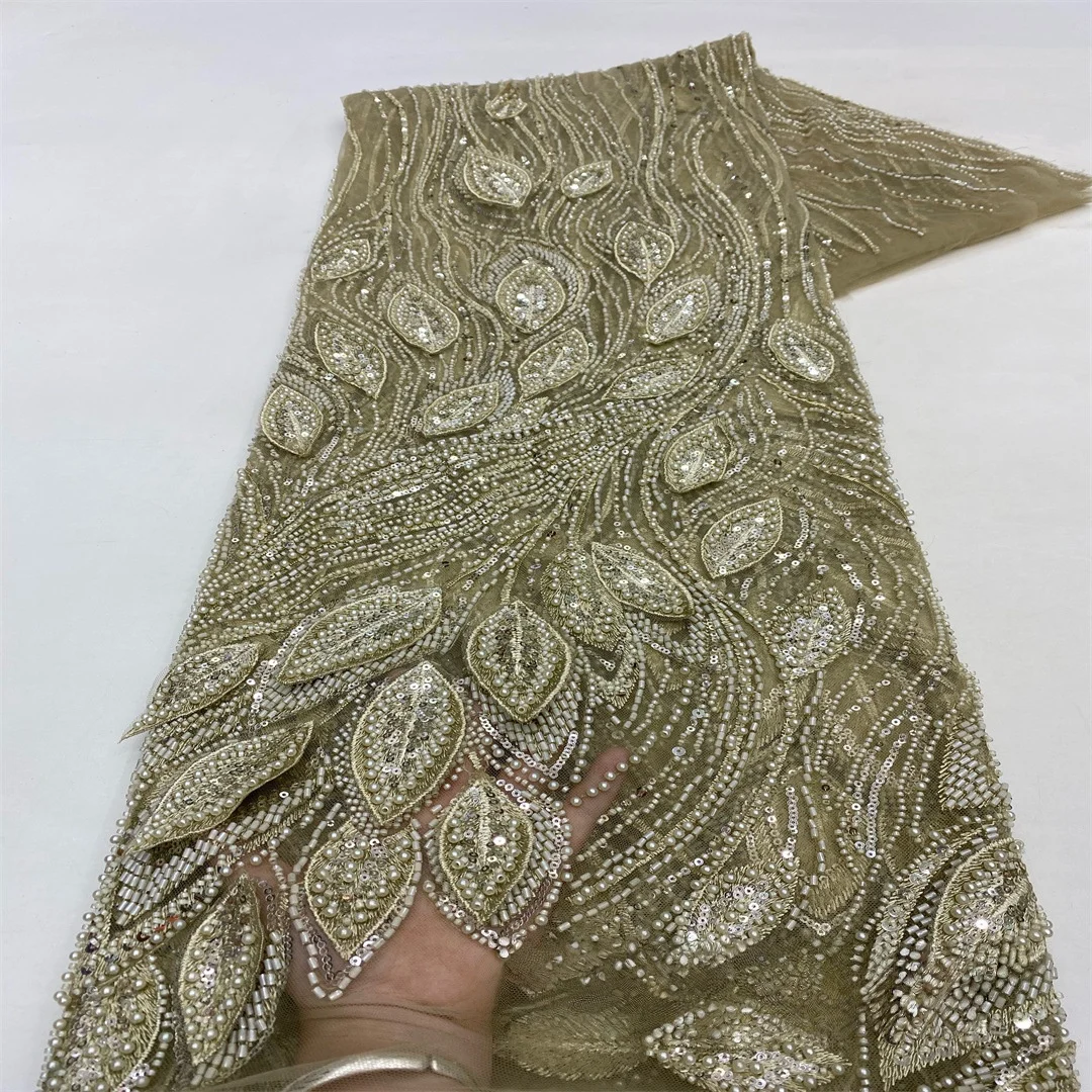 

8 Colors 3D Puffed Bead & Sequin Tube Leaf Embroidery Lace Fabric Unilateral Design for Bridal Costume Evening Dress Material