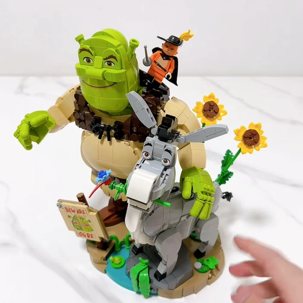 Fairy Tale Forest Adventure Building Blocks, Swamp Ogre Talking Donkey and Sword Cat Figures Set, Construction Toy Gift