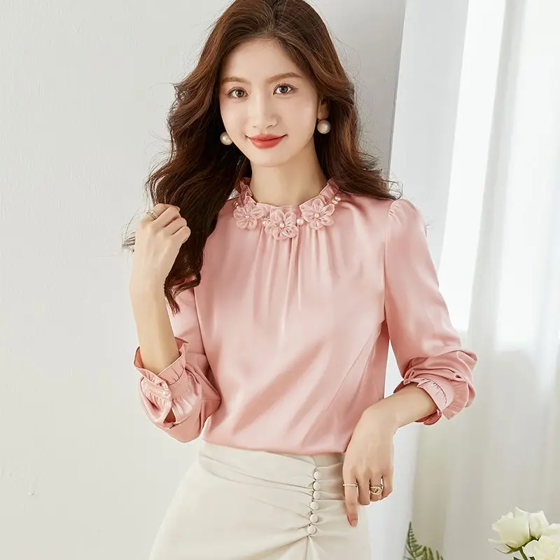 2023 New Temperament Pleated Solid Color Chiffon Half Height Collar Long Sleeve Blouse Women Clothes Elegant Floral Shirts Tops