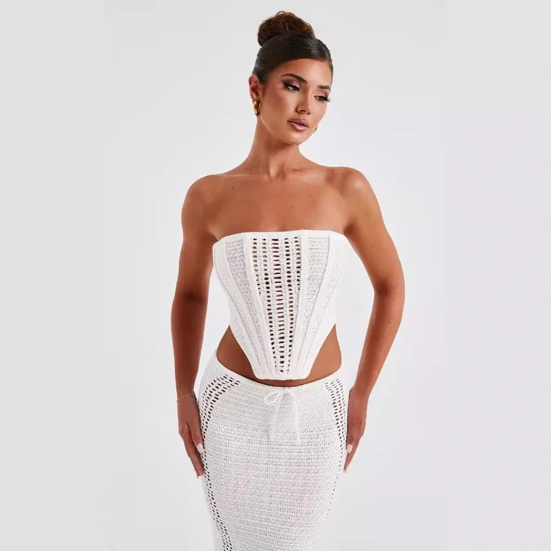 Frauen Urlaub Strand häkeln gestrickt 2 Stück Set aushöhlen träger losen Verband asymmetrische Tank Crop Tops Bodycon Maxi röcke