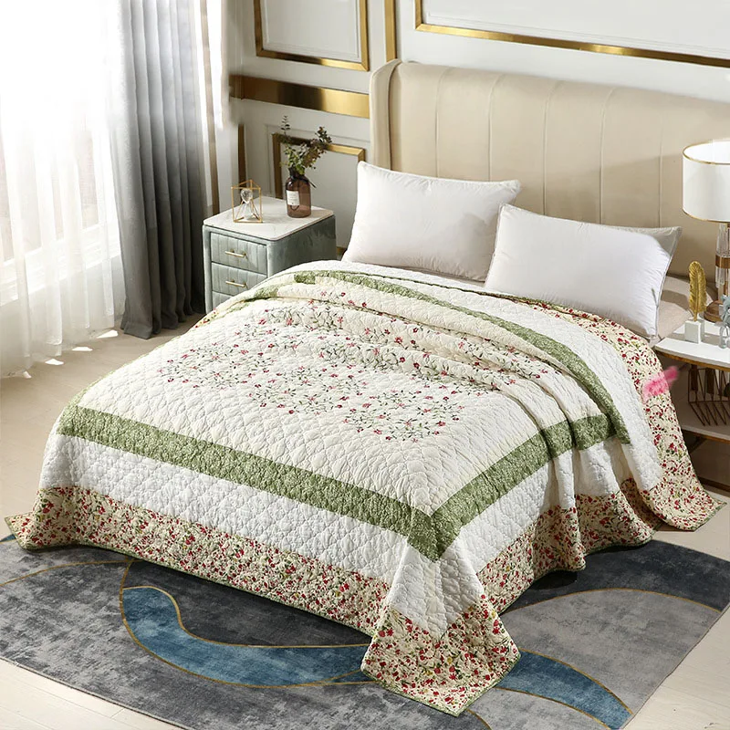 Appilque Patchwork Cotton Quilt 1-Piece Bedspread on the Bed Embroidered Coverlet Queen Size Quilted Bed Cover Blanket for Bed