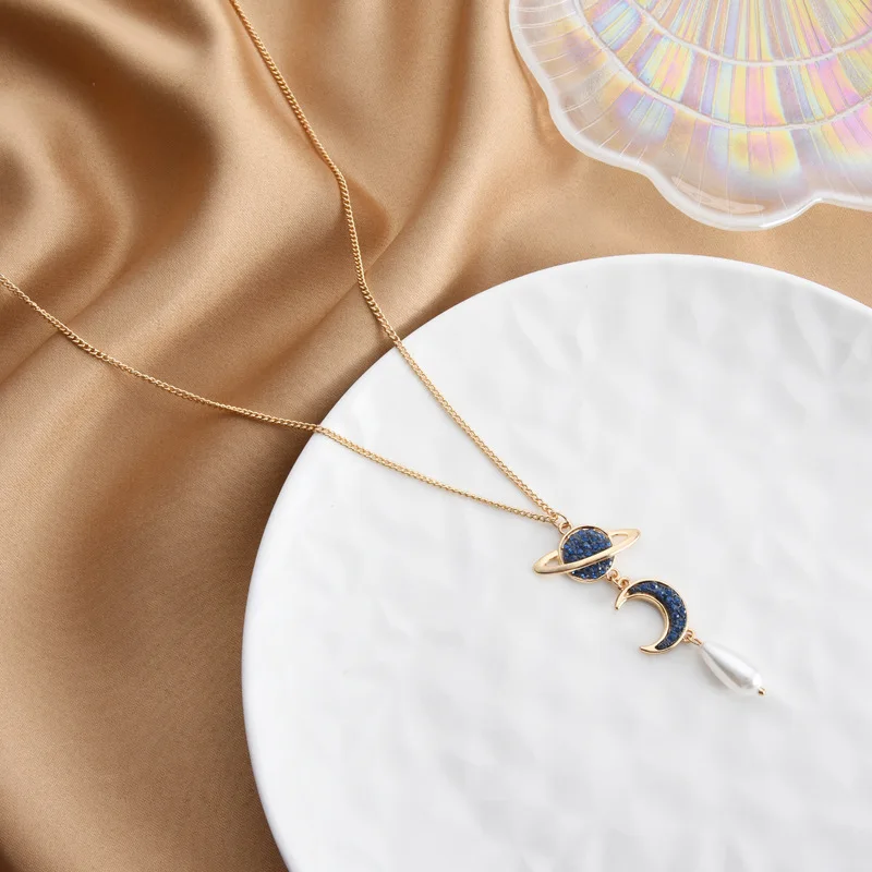 

Cold style sweater chain, star and moon mutual appreciation, pearl water drop long necklace for women