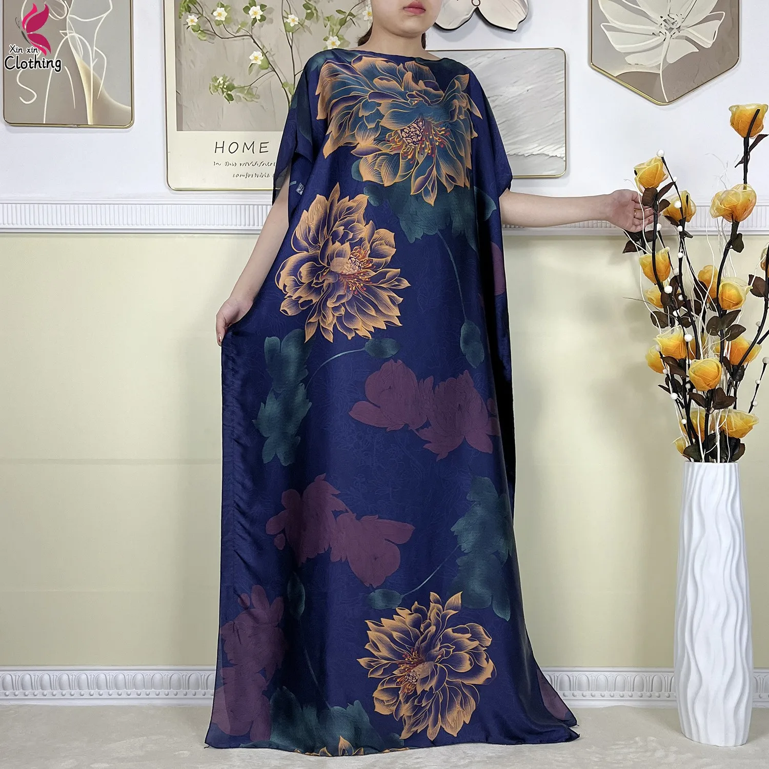 Summer African Women Short Sleeve Long Dress High-Quality Soft Silk Printed Muslim Lady Loose Robe Dubai Kaftan Dress With Scarf