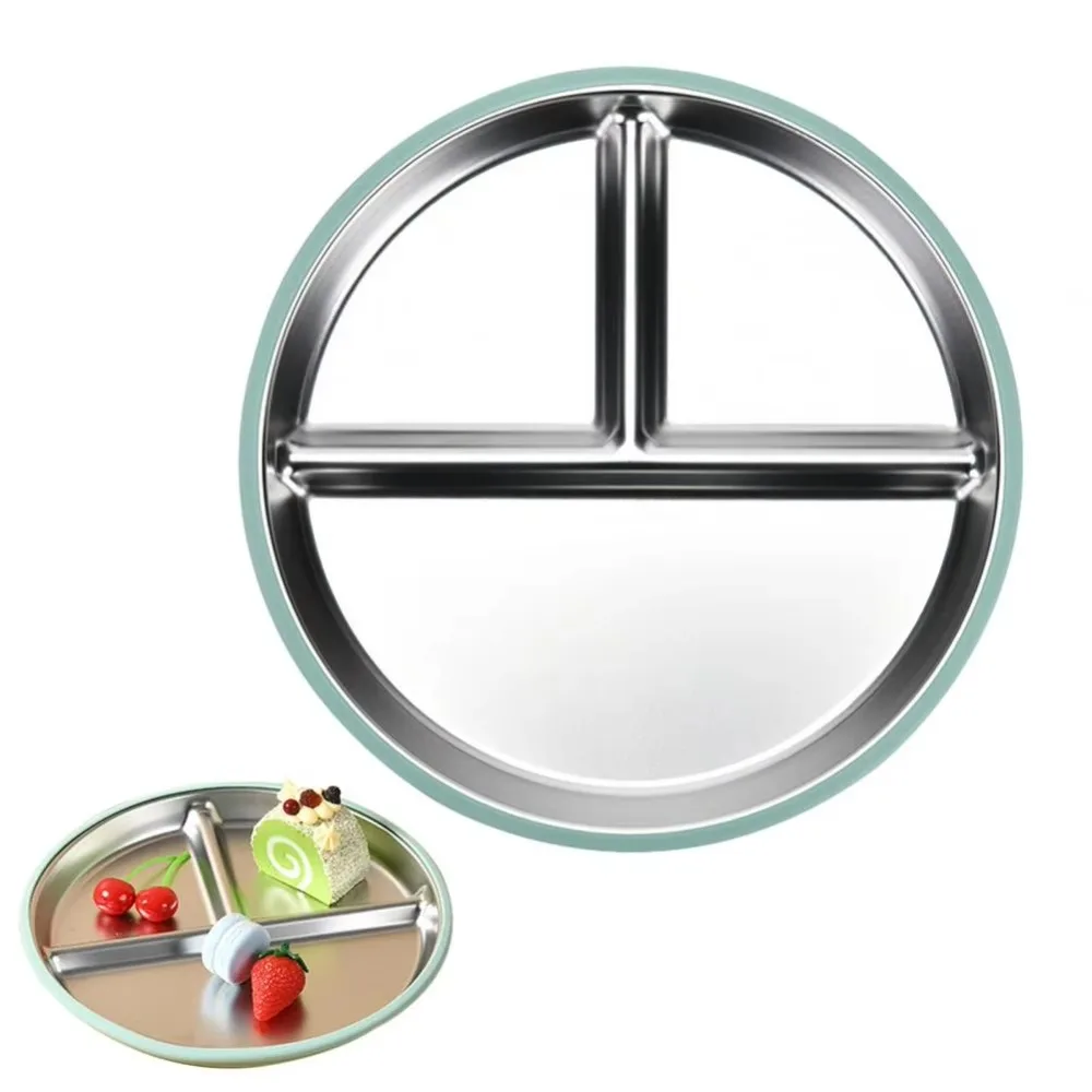 Divided Design Suction Cup Plates Silicone Shell 304 Stainless Steel Children 3 Grids Dishes Safe Material Non-Slip