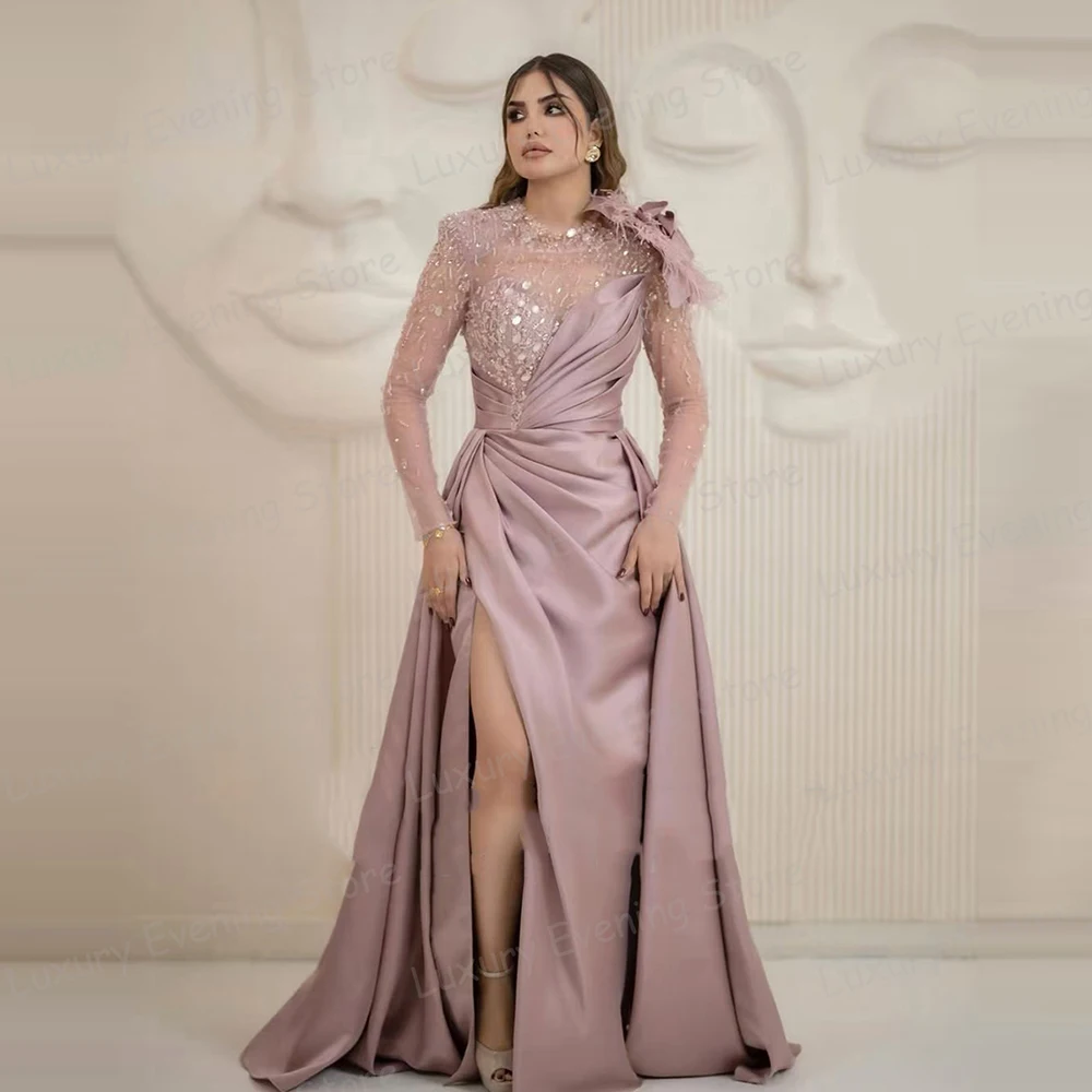 Simple Pink Evening Dresses Mermaid Sexy Sequined Prom Gowns Customized Long Sleeve Pleat Side Split Party Vestidos De Fiesta