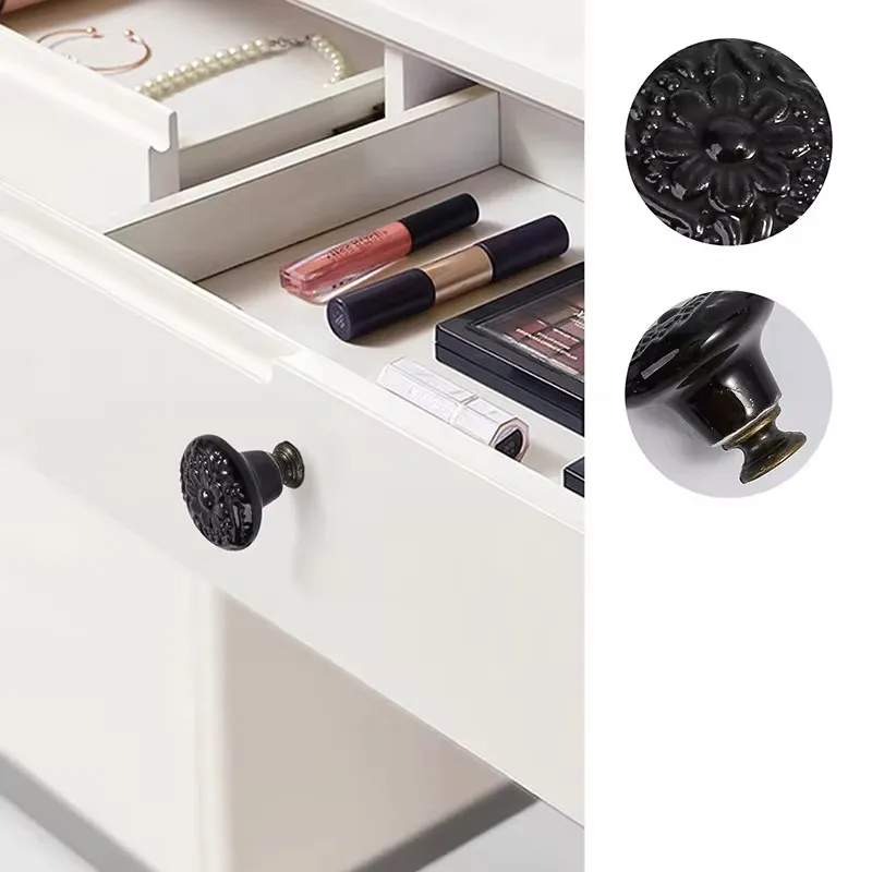 4pcs Round Ceramic Knob Handle Flower Surface Cabinet Kitchen Door Drawer Handles Dresser Knobs Pulls Furniture Hardware