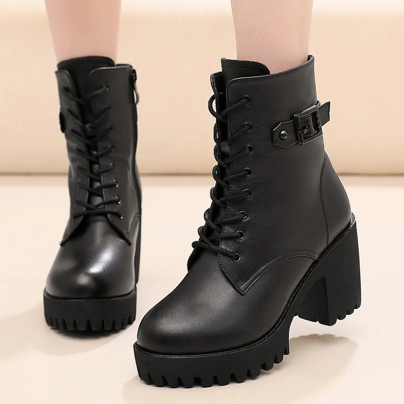 

Туфли на платформе 8 см, 10 см, маленький размер 32–43, элегантные женские ботинки из мягкой кожи, зимние ботинки 2025 года на высоком каблуке, мотоциклетные ботинки до щиколотки