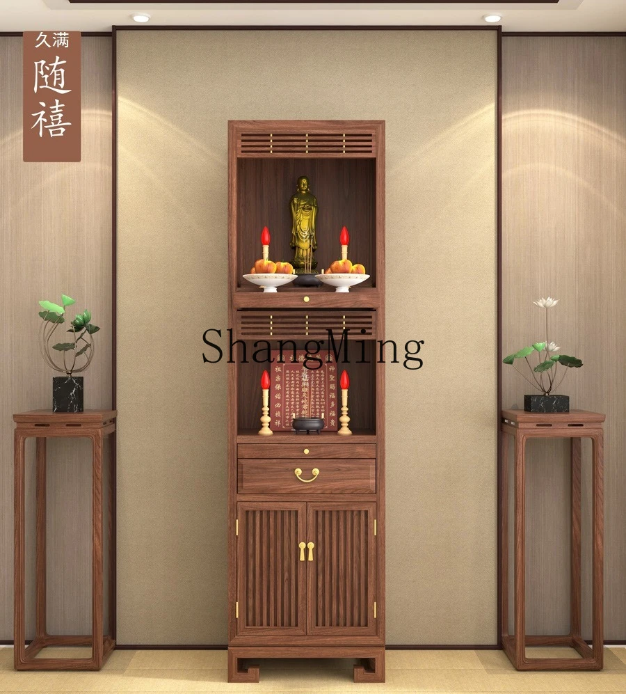 ZYY solid wood double-layer household Buddhist niche new Chinese vertical cabinet three layers with door simple