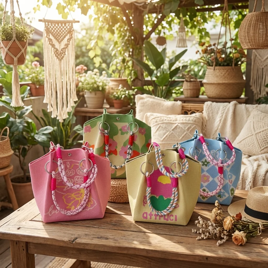 

Высококачественная милая вязаная сумка-ведро с мультяшным принтом, ручной работы, с кольцевой пряжкой, на плечо, большая вместимость, на запястье, для женщин и девушек