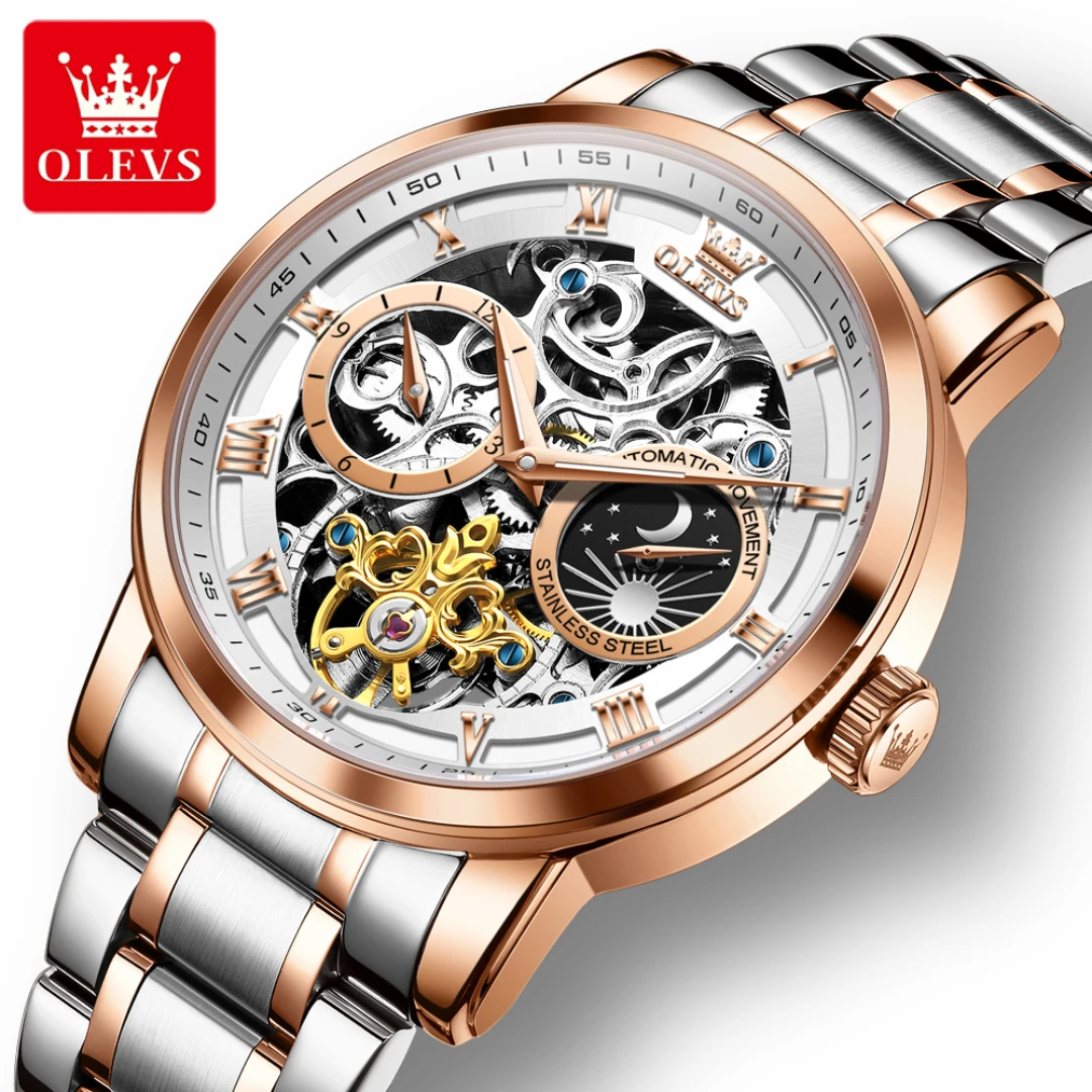 

OLEVS 6670 Деловые механические часы в подарок с круглым циферблатом из нержавеющей стали, ремешок для часов, наручные часы с фазой Луны, светящиеся