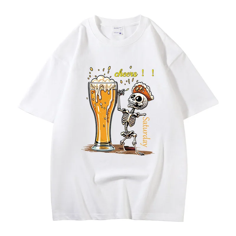 Cotton T-shirt Men's Summer Funny Print Short Sleeve Top Party Beer T-shirt Round Neck Loose Breathable T-shirt