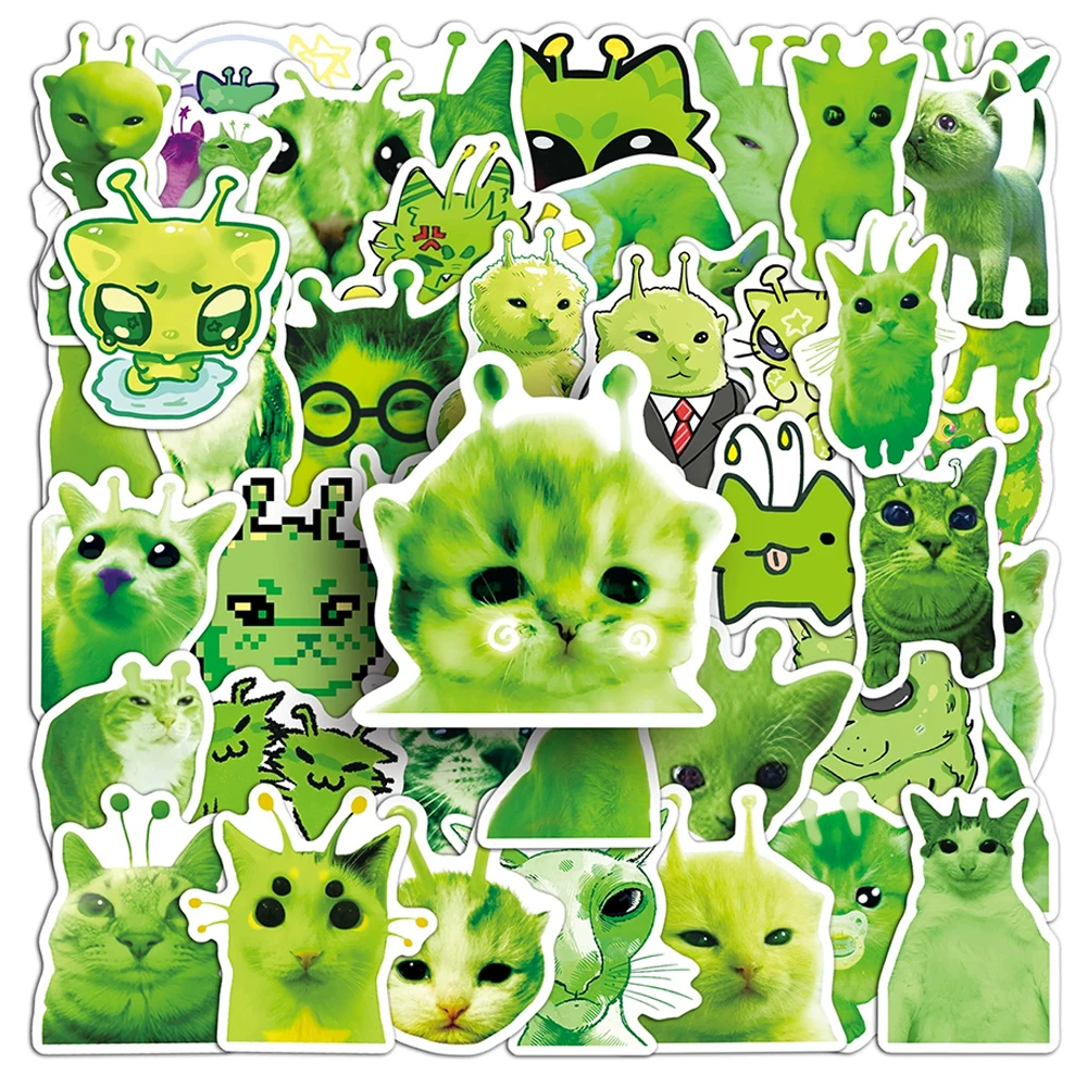 10/30/50PCS Cute Alien Cat Stickers Abstract Meme Funny Cat Animal Green Sticker for Computer Notebook Stationery DIY Toy Secret