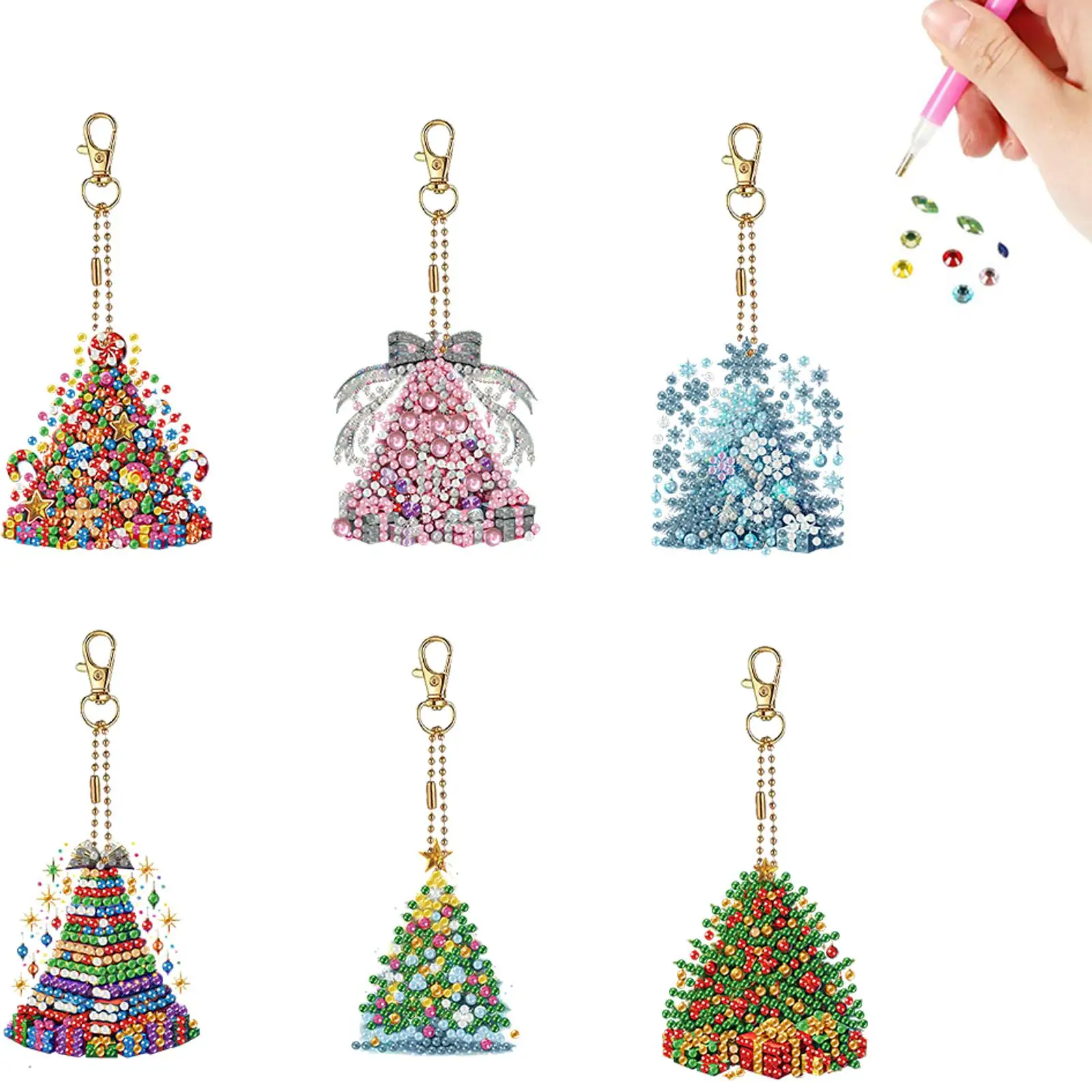 

6PCS 2D Flat Christmas Tree DIY Diamond Painting Keychain Diamond Art Keyrings