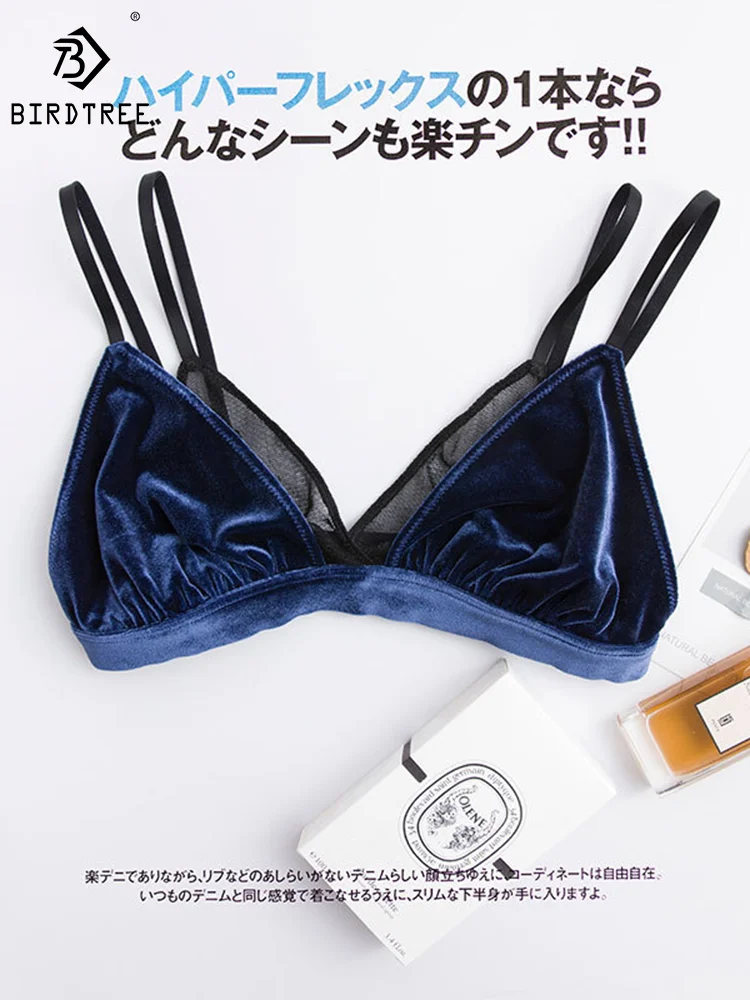 

Birdtree 100%Real Silk Lining Wire Free Comfort Unpadded Bras Sexy Velvet Triangle Cup Two Layers Thin Bra Underwears P36026QM