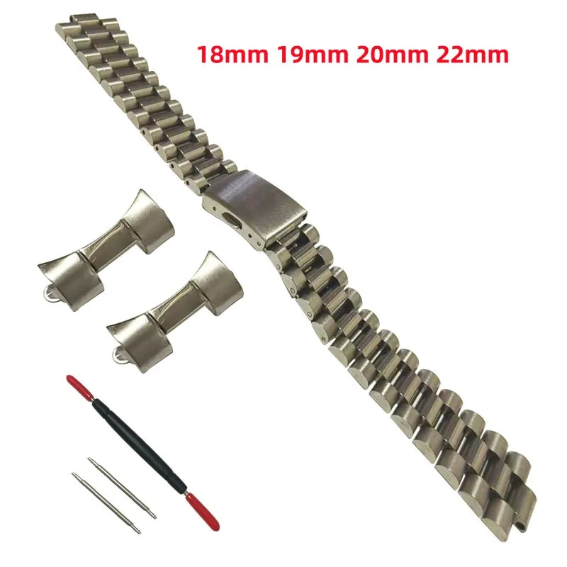 Vintage 18mm 19mm 20mm 22mm Silver Stainless Steel President Curved End Watch Strap Band Bracelet