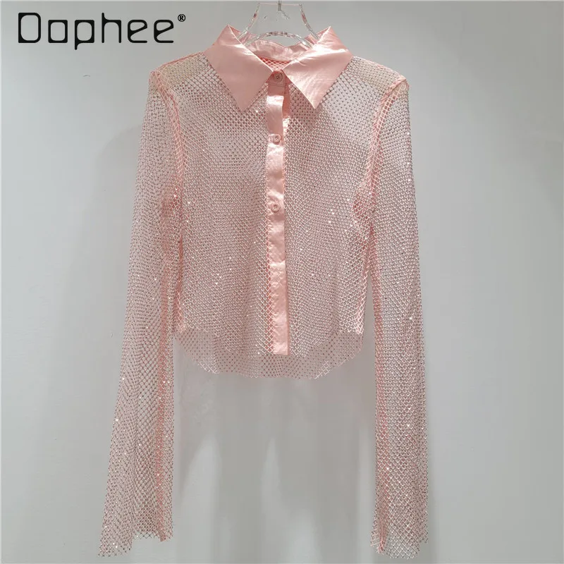Sexy Rhinestone Hollow Fashion Shiny Base Style Shirt Women Socialite Elegant Slim Rhinestone Round Neck Long Sleeve Top Trendy