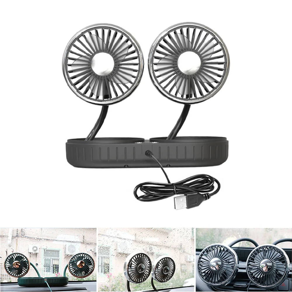 USB 5V Mini Car Dashboard Cooling Fan Dual Head 360° Adjustable Air Circulation Multi-angle 3 Speed Car Electric Fan Universal