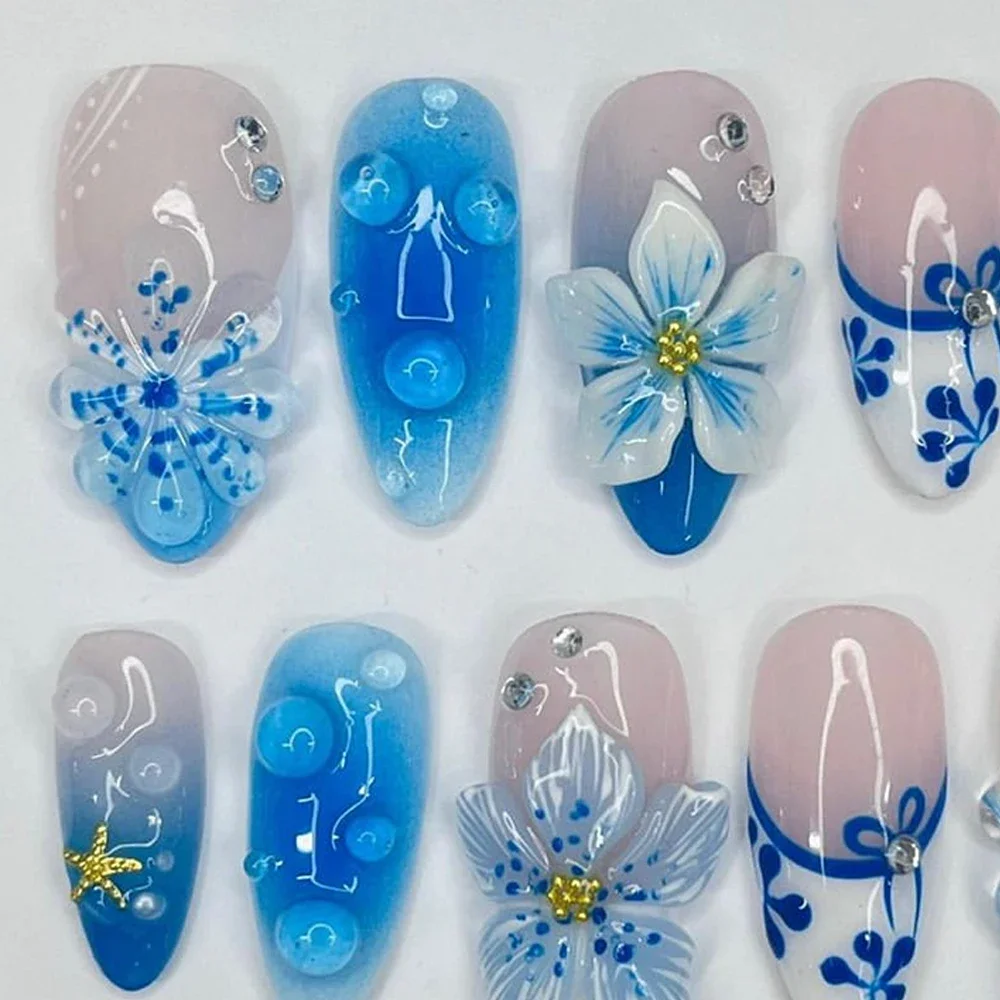 3D Blue Gradation Ocean Short Almond Press On Nails Art Party Sticker Lily Flowers Shell Gel Handwork Reuse Fake Nails Girl Gift