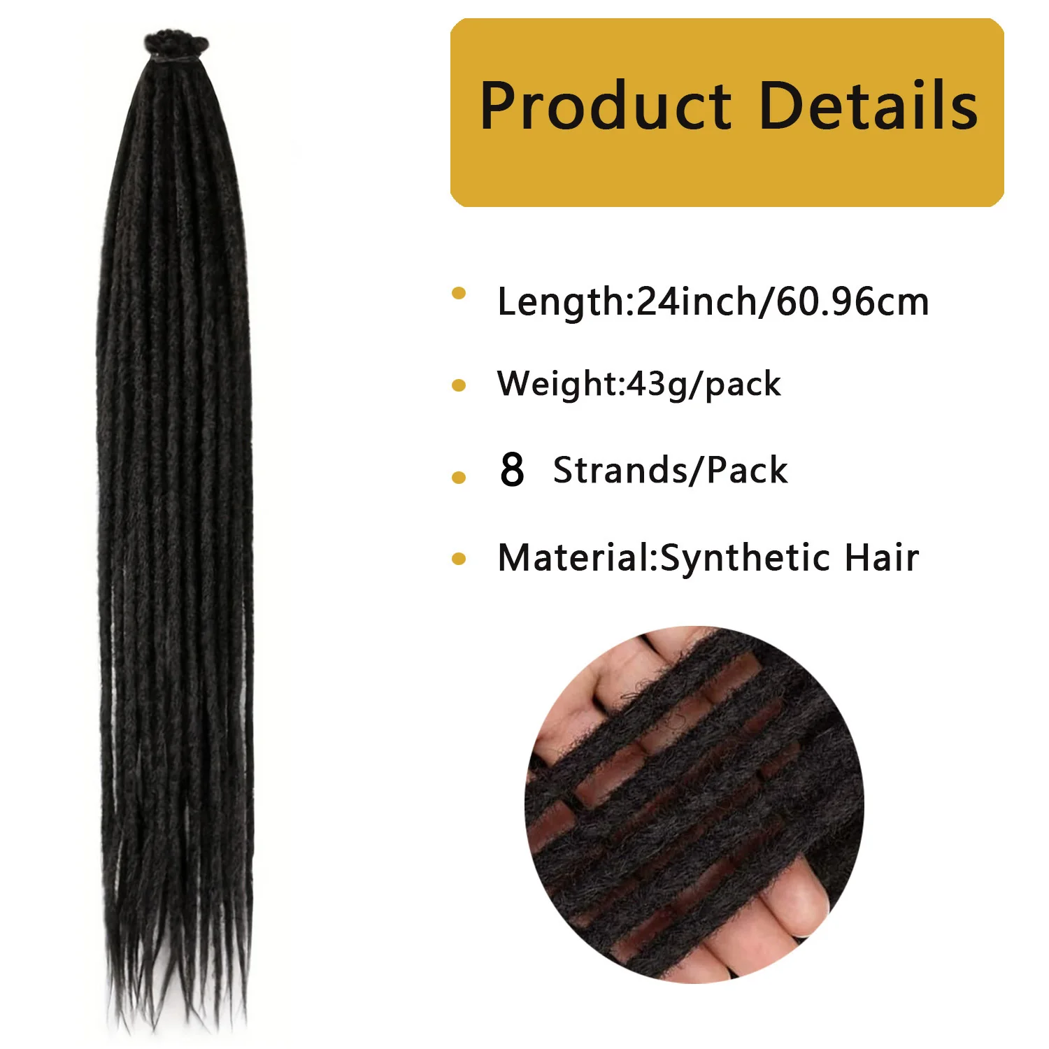 Extensiones de rastas de doble punta de 24 pulgadas, extensiones de rastas sintéticas rectas, extensiones de rastas de hebras