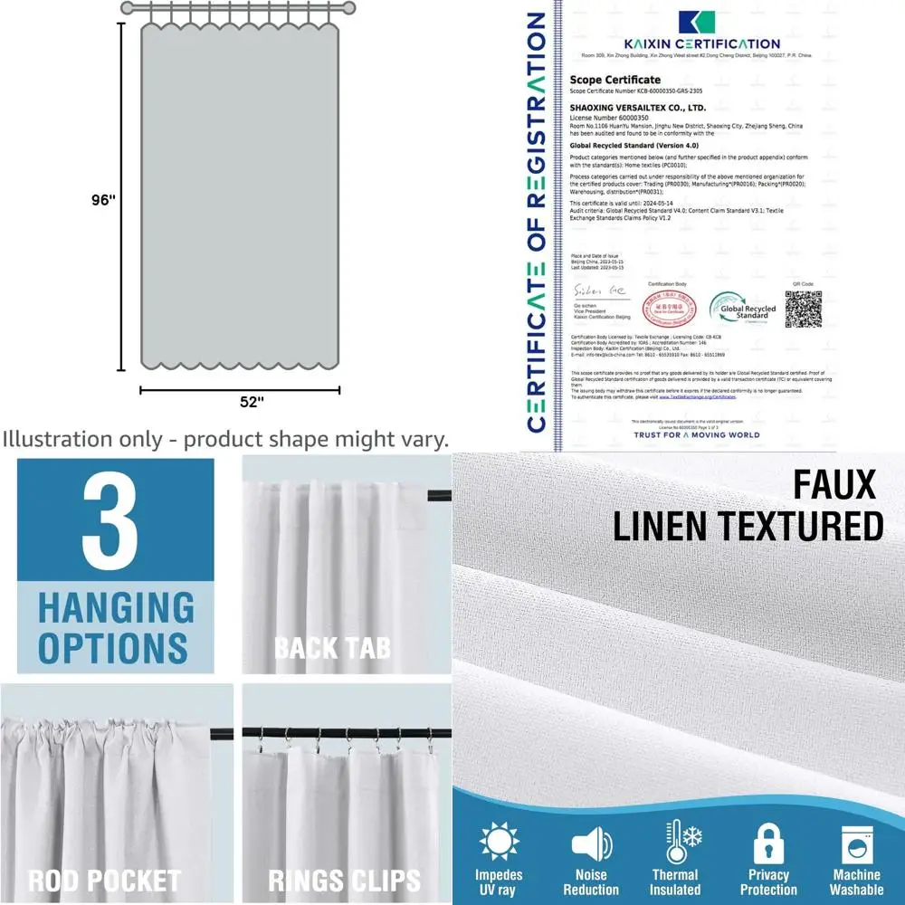 

96 Inch Linen Blackout Curtains with Double Face Back Tab Loop for Bedroom - Full Light Blocking, Heather White