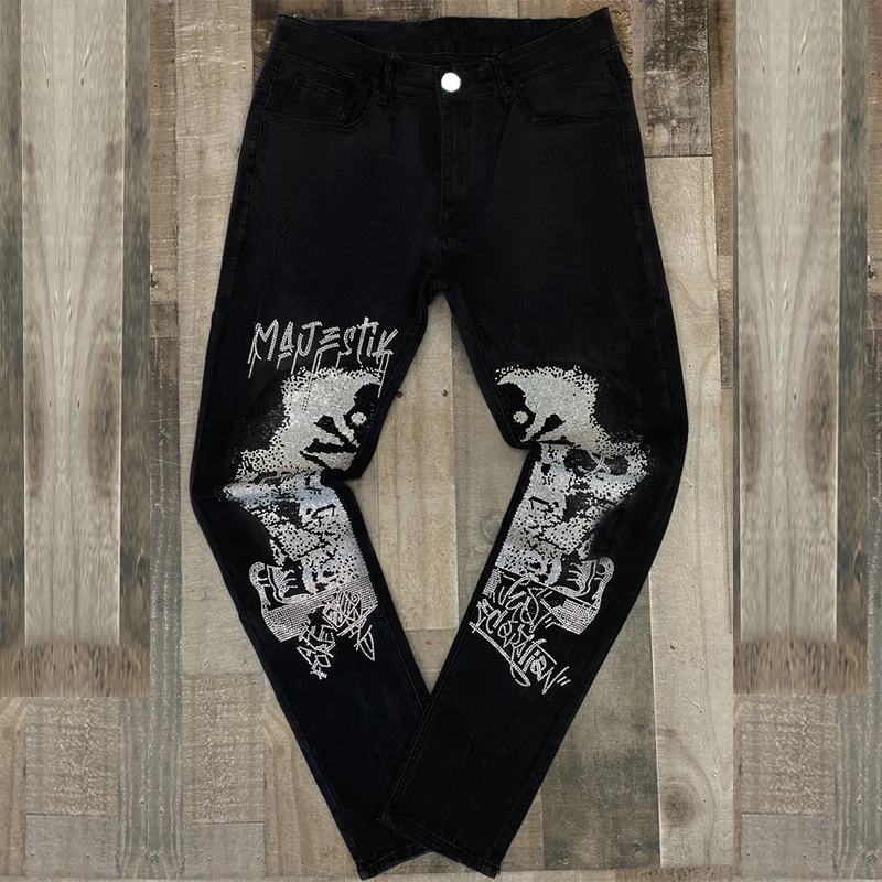 Y2k Skinny Slim Fit Hot Drill Punk streetwear Biker Trousers Men's Denim Pencil Pants Size28-40 Man Black Ripped Stretchy Jeans