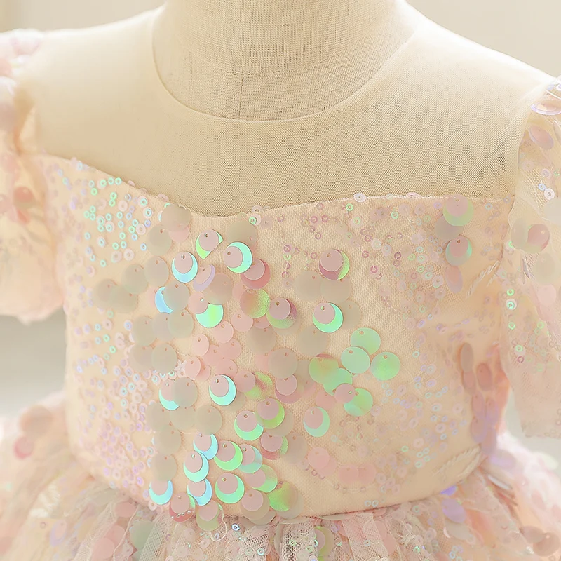 Little child Dress Handmade Sequin mesh pommel dress sweet and cute flower child bubble sleeve short style dinner dress 1309