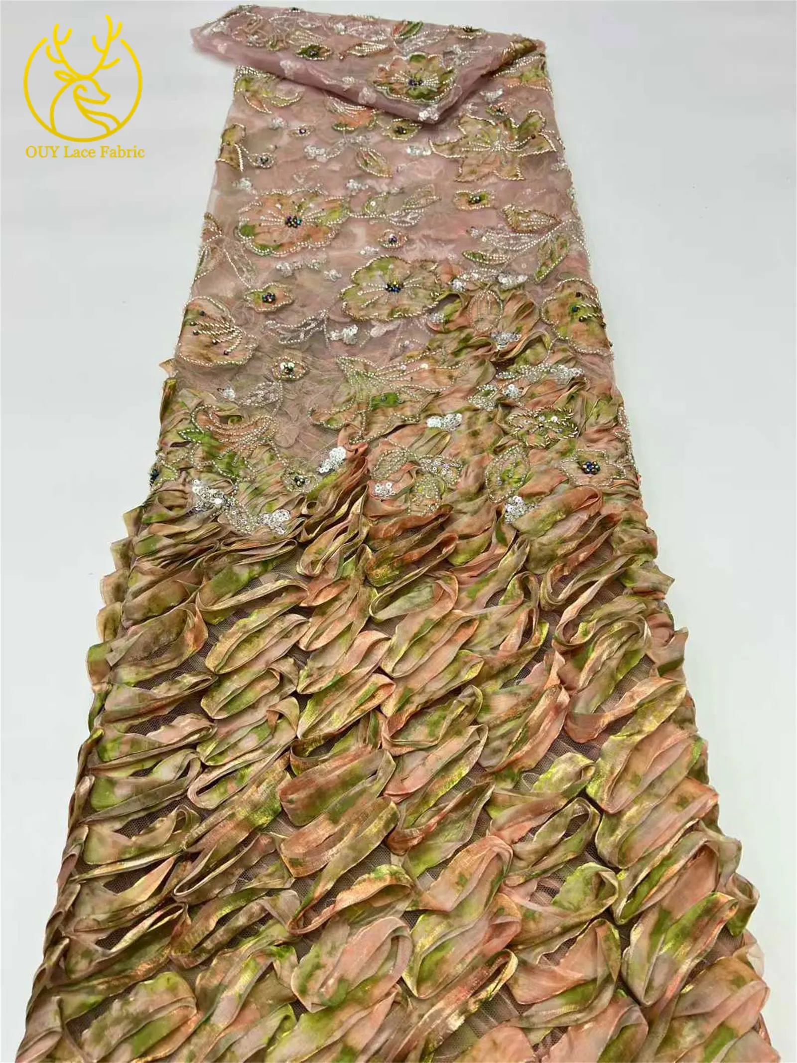 Latest 3D Nigerian African Elegant Women's Dresses Beaded Sequins Fabric French Tulle Embroidered Lace Fabric for Party Wedding