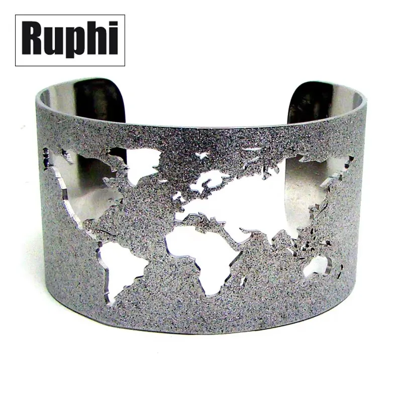 World Map Cuff Bangle Travel Peace Jewelry Stainless Steel 40mm Wide Cut-out Glitter Embossed Circle Angle Bracelet Ornament