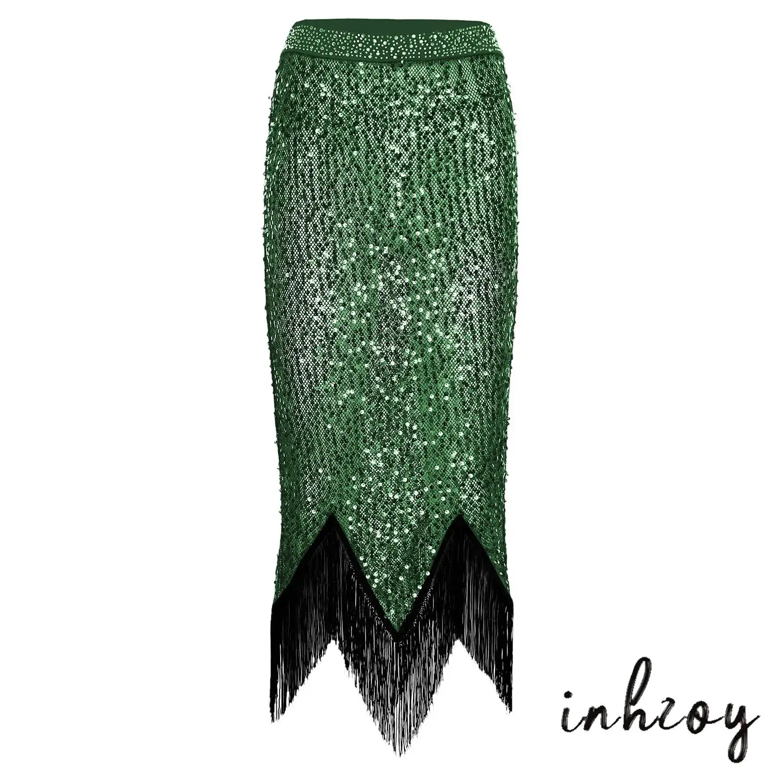

Women Belly Dance Skirt Outfit Shiny Sequin Sheer Mesh Skirt Waistband Irregular Hem Tassel Fringe Pencil Skirt for Night Outing