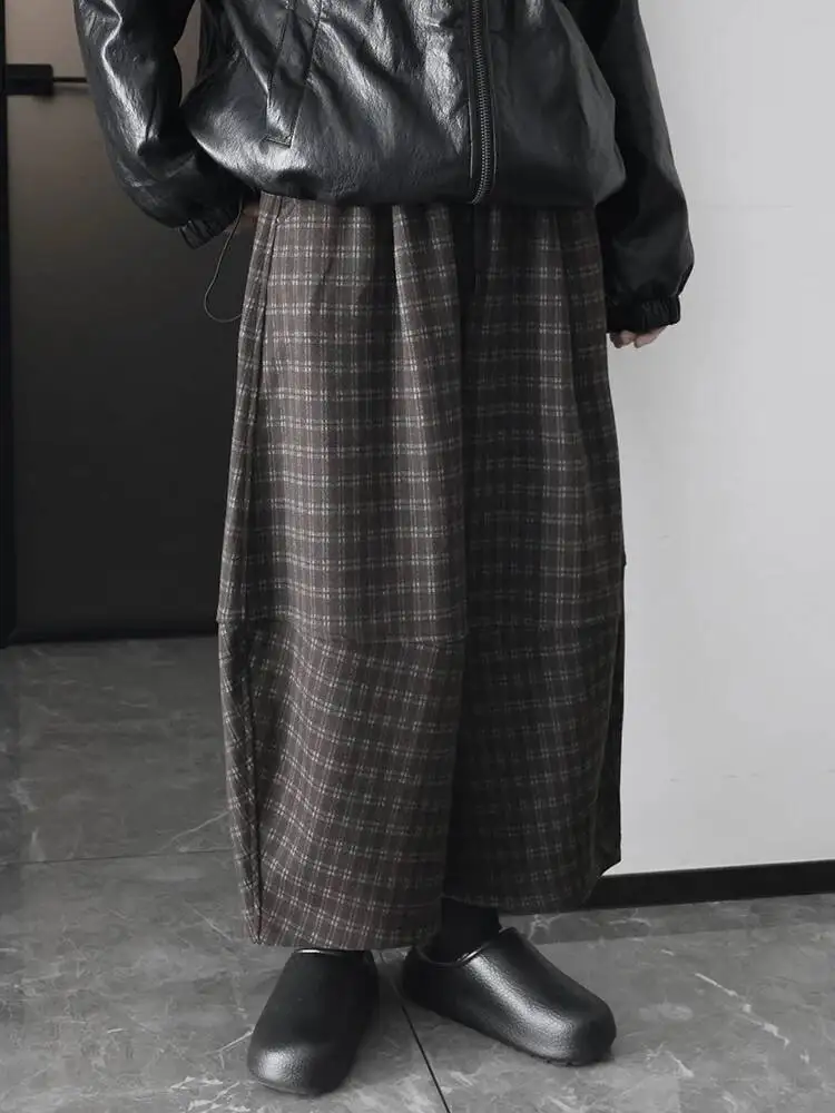 مرونة عالية الخصر الأسود منقوشة عادية سميكة واسعة الساق السراويل الجديدة بنطلون المرأة موضة المد الخريف الشتاء