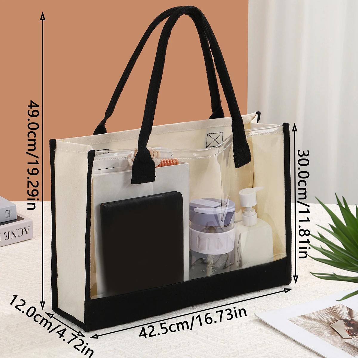 Women's canvas bag, PVC transparent single shoulder tote bag, large capacity waterproof casual beach bag