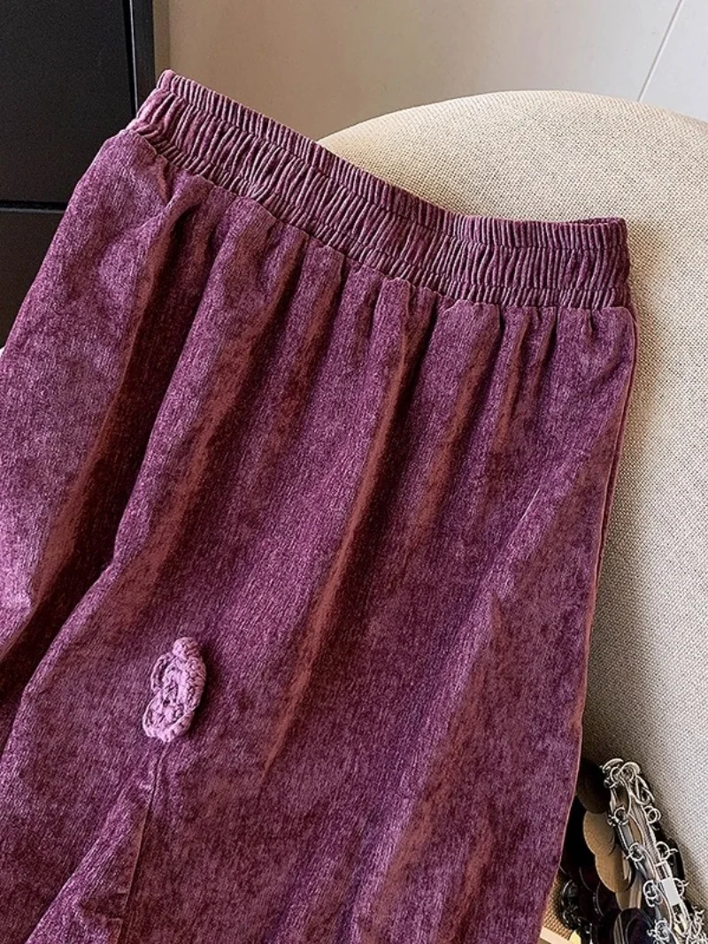 三次元花紫コーデュロイスカート女性のための秋ハイウエスト多用途 A ラインベルベット傘スカートトレンディ W1355